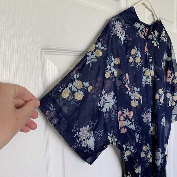Tribute Robe Size 22 Blue Floral Sheer Button Short Sleeve House Dress - Picture 5 of 13